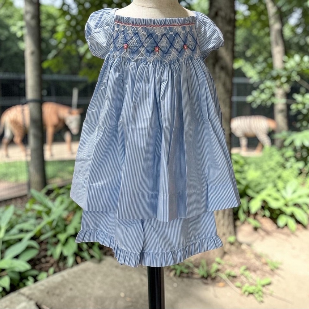 NWT Size 5 Remember Nguyen Blue Striped Kids Embroidery top & short set